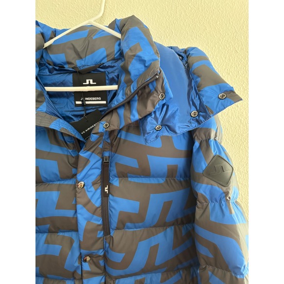 J.Lindeberg Sphere Down Jacket Print Blue Bridge Swirl Puffer Mens L - Picture 7 of 16